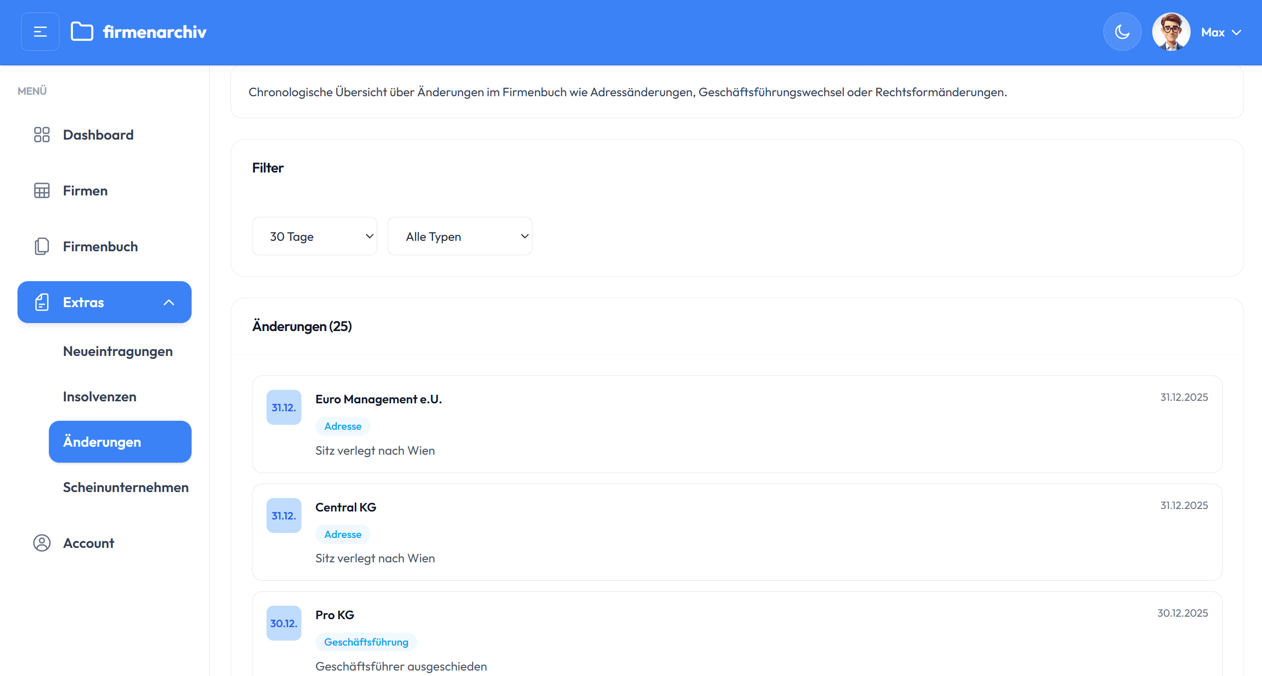 Chronologische Firmenbuch-Änderungen