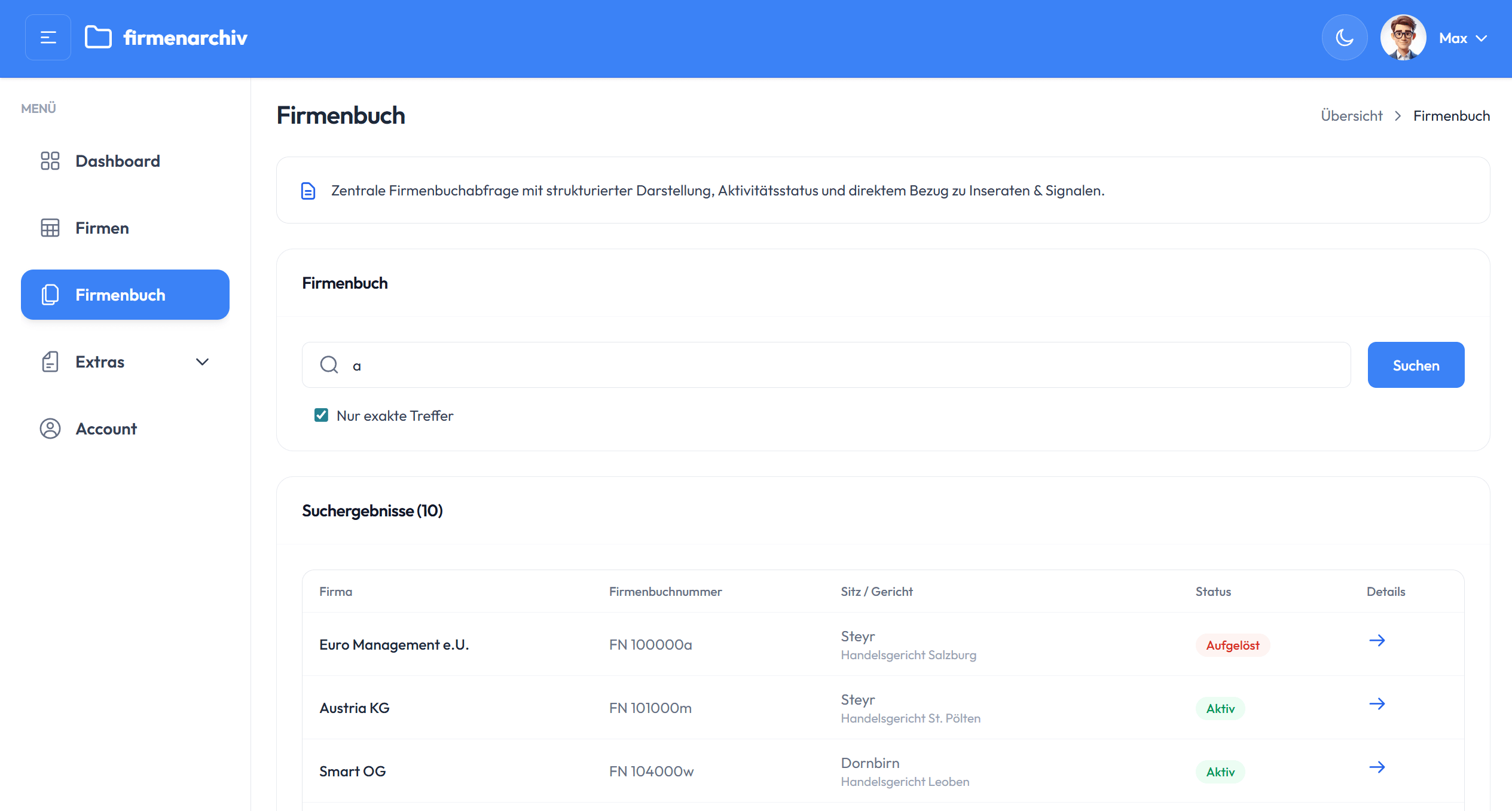 Firmenbuchsuche mit Trefferliste